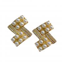 Brass Stud Earring plated micro pave cubic zirconia & for woman & with plastic pearl Sold By Pair