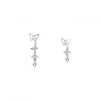 Asymmetric Earrings, Tibetan Style, Butterfly, platinum color plated, for woman & with rhinestone, 11x45mm, Sold By Pair