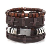Cowhide Bracelet, with PU Leather & Wax Cord & Wood & Tibetan Style, polished, 4 pieces & fashion jewelry & Unisex, brown, 180mm, Sold By Set