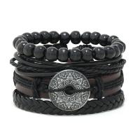 Cowhide Bracelet with PU Leather & Wax Cord & Wood & Zinc Alloy 4 pieces & fashion jewelry & Unisex black 180mm Sold By Set