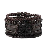 Wrap Bracelet Cowhide with PU Leather & Wax Cord & Wood & Zinc Alloy stoving varnish 4 pieces & fashion jewelry & Unisex brown 180mm Sold By Set