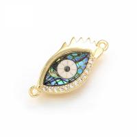 Connecteur Evil Eye, laiton, avec coquille d'ormeau, œil, Placage de couleur d'or, pavé de micro zircon, Or, 22x10mm, Vendu par PC