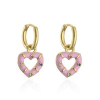 Huggie Hoop Drop Earring, Brass, Heart, real gold plated, micro pave cubic zirconia & for woman & enamel, more colors for choice, nickel, lead & cadmium free, 11x20mm, Sold By Pair
