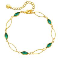 Bracelets en laiton, Plaqué or 18K, pour femme & avec les strass de verre, vert, Longueur Environ 6.69 pouce, Vendu par PC
