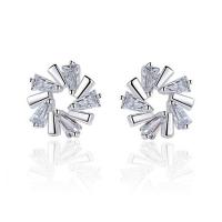 Cubic Zirconia Micro Pave Brass Earring Flower platinum color plated micro pave cubic zirconia & for woman 13mm Sold By Pair