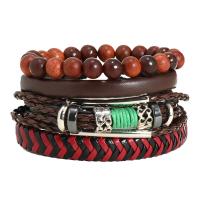 PU Leather Cord Bracelets, with Wax Cord & Wood & Copper Coated Plastic & Tibetan Style, with 8-9cm extender chain, three pieces & fashion jewelry & for woman, brown, 17-18cm, Sold By Set