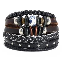 PU Leather Cord Bracelets, Cowhide, with Linen & PU Leather & Wood & Tibetan Style, with 8-9cm extender chain, three pieces & fashion jewelry & for woman, brown, 17-18cm, Sold By Set