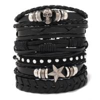 PU Leather Cord Bracelets with Cowhide & Wax Cord & Copper Coated Plastic & Zinc Alloy with 8-9cm extender chain 6 pieces & fashion jewelry & for woman black 17-18cm Sold By Set