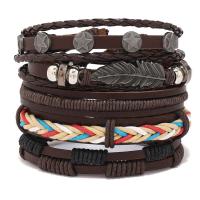 PU Leather Cord Bracelets with Cowhide & Wax Cord & Copper Coated Plastic & Zinc Alloy with 8-9cm extender chain 6 pieces & fashion jewelry & for woman black 17-18cm Sold By Set