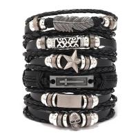 PU Leather Cord Bracelets with Cowhide & Wax Cord & Copper Coated Plastic & Zinc Alloy 6 pieces & fashion jewelry & for woman black 17-18cm Sold By Set