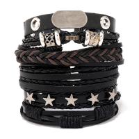 PU Leather Cord Bracelets, with Wax Cord & Copper Coated Plastic & Tibetan Style, with 8-9cm extender chain, 5 pieces & fashion jewelry & Unisex, black, 17-18cm, Sold By Set