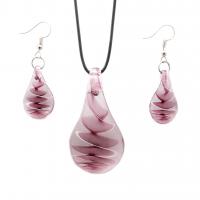 Lampwork Sieraden Sets, oorbel & halsketting, met rubberen koord & Zinc Alloy, 2 stuks & mode sieraden & voor vrouw, roze, Lengte 40-45 cm, Verkocht door Stel