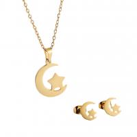 Fashion Stainless Steel Jewelry Sets Stud Earring & necklace 304 Stainless Steel Moon and Star Vacuum Ion Plating for woman golden 10mm Length Approx 45 cm Sold By Set