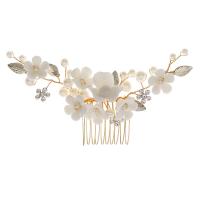 Bridal Decorative Hair Comb, Tibetan Style, with brass wire & Porcelain & Plastic Pearl, Flower, gold color plated, for woman & with rhinestone, golden, nickel, lead & cadmium free, 130x65mm, Sold By PC