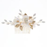 Bridal Decorative Hair Comb, Tibetan Style, with brass wire & Polymer Clay, Flower, gold color plated, for woman & with rhinestone, golden, nickel, lead & cadmium free, 120x70mm, Sold By PC