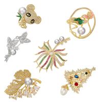 Cubic Zirconia Brooch, Brass, with Plastic Pearl, plated, different styles for choice & micro pave cubic zirconia & for woman & enamel, more colors for choice, nickel, lead & cadmium free, Sold By PC