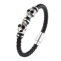 PU Leather Cord Bracelets, with Microfiber PU & 316 Stainless Steel, Skull, polished, fashion jewelry & different length for choice & for man, more colors for choice, 6mm, Sold By PC