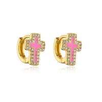 Cubic Zirconia Micro Pave Brass Earring, Cross, 18K gold plated, micro pave cubic zirconia & for woman & enamel, more colors for choice, nickel, lead & cadmium free, 9x12mm, Sold By Pair