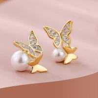 Cubic Zirconia Micro Pave Brass Earring with Plastic Pearl Butterfly gold color plated micro pave cubic zirconia & for woman 15.50mm Sold By Pair