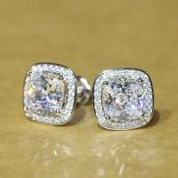 Cubic Zirconia Micro Pave Brass Earring Square platinum color plated micro pave cubic zirconia & for woman 12mm Sold By Pair