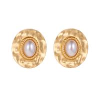 Tibetan Style Stud Earring, with ABS Plastic Pearl, plated, fashion jewelry & for woman, golden, 20x15mm, Sold By Pair
