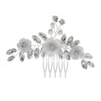 Decorative Hair Combs Zinc Alloy with brass wire & Polymer Clay & Plastic Pearl Flower silver color plated for woman & with rhinestone silver color nickel lead & cadmium free Sold By PC