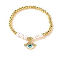 Evil Eye Jewelry Bracelet, Brass, with Plastic Pearl, gold color plated, different styles for choice & micro pave cubic zirconia & for woman & enamel, gold, 170mm, Sold By PC
