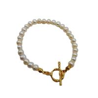 Freshwater Cultured Pearl Bracelet Brass with Freshwater Pearl gold color plated for woman original color 180mm Sold By PC
