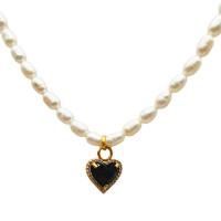 Freshwater Pearl Brass Necklace with Freshwater Pearl gold color plated micro pave cubic zirconia & for woman white 380mm Sold By PC