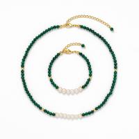 Freshwater Pearl Brass Necklace, with Malachite & Freshwater Pearl, gold color plated, different styles for choice & for woman, green, 485mm, Sold By PC