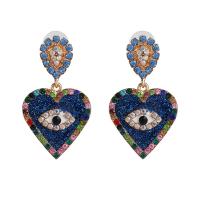 Evil Eye Earrings, Tibetan Style, Heart, gold color plated, for woman & with rhinestone, more colors for choice, 28x50mm, Sold By Pair