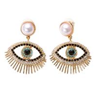Evil Eye Earrings, Tibetan Style, with Plastic Pearl, gold color plated, for woman & with rhinestone, more colors for choice, 35x40mm, Sold By Pair