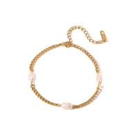 Bracelet en perles de culture d'eau douce, Acier inoxydable 304, avec perle d'eau douce cultivée, avec 5cm chaînes de rallonge, bijoux de mode & pour femme, doré, Longueur:17.5 cm, Vendu par PC