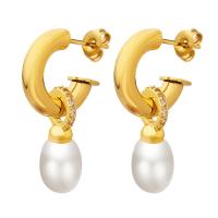 Titanium Steel  Earring, with Plastic Pearl, Vacuum Ion Plating, fashion jewelry & micro pave cubic zirconia & for woman, golden, 30*15mm, Sold By Pair