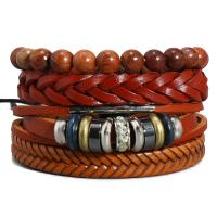 PU Leather Cord Bracelets Cowhide with PU Leather & Wax Cord & Wood & Copper Coated Plastic plated 4 pieces & fashion jewelry & Unisex brown 17-18cm Sold By Set