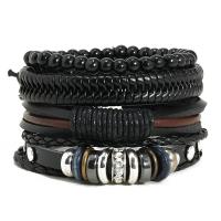 PU Leather Cord Bracelets, with Wax Cord & Wood & Copper Coated Plastic, plated, 4 pieces & fashion jewelry & Unisex, two different colored, 17-18cm, Sold By Set