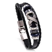 PU Leather Cord Bracelets Cowhide with PU Leather & Wood & Copper Coated Plastic & Zinc Alloy knit three layers & fashion jewelry & Unisex 200mm Sold By PC