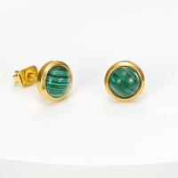 Stainless Steel Stud Earrings 304 Stainless Steel with turquoise Round Vacuum Plating for woman green Sold By PC