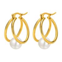 Stainless Steel Lever Back Earring, 304 Stainless Steel, with Plastic Pearl, Vacuum Ion Plating, fashion jewelry & for woman, golden, 22x24.70mm, Sold By Pair