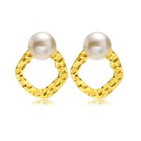 Stainless Steel Stud Earrings, 304 Stainless Steel, with Plastic Pearl, Vacuum Ion Plating, fashion jewelry & for woman, golden, 26x33mm, Sold By Pair