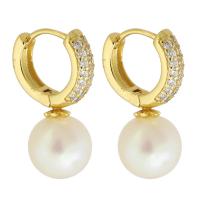 Huggie Hoop Drop Earring, Brass, with Plastic Pearl, Round, gold color plated, fashion jewelry & micro pave cubic zirconia & for woman, golden, nickel, lead & cadmium free, 10x23x14mm, Sold By Pair