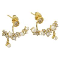 Cubic Zirconia Micro Pave Brass Earring, with Plastic Pearl, gold color plated, fashion jewelry & micro pave cubic zirconia & for woman, golden, nickel, lead & cadmium free, 18mm,22x9mm, Sold By Pair