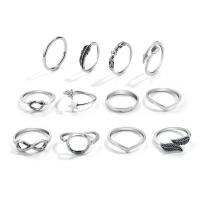 Juego de anillos de aleación de zinc, chapado en color de plata antigua, 12 piezas & para mujer & hueco, libre de níquel, plomo & cadmio, tamaño:6.5-8, Vendido por Set