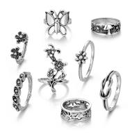 Juego de anillos de aleación de zinc, Flor, chapado en color de plata antigua, 8 piezas & para mujer, libre de níquel, plomo & cadmio, tamaño:5.5-9, Vendido por Set