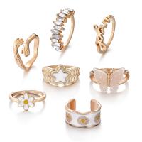 Zinc Alloy Ring Set Daisy gold color plated 7 pieces & for woman & enamel & with rhinestone nickel lead & cadmium free US Ring .5-8 Sold By Set