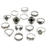 سبائك الزنك خاتم مجموعة, مع بلور, نمط هندسي, لون الفضة مطلي, 15 قطعة & للمرأة & أسود, حجم:4-7, تباع بواسطة تعيين