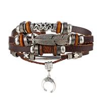PU Leather Cord Bracelets Zinc Alloy with Wood antique silver color plated fashion jewelry & multilayer & for man 18mm Length Approx 7.6-13 Inch Sold By PC