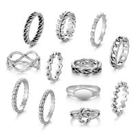 Juego de anillos de aleación de zinc, chapado en color de plata antigua, 12 piezas & para mujer & hueco, libre de níquel, plomo & cadmio, tamaño:6-8, Vendido por Set