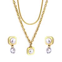 Fashion Stainless Steel Jewelry Sets, Stud Earring & necklace, 304 Stainless Steel, with Plastic Pearl, Vacuum Ion Plating, 2 pieces & fashion jewelry & for woman & with rhinestone, more colors for choice, Length:Approx 16.54 Inch, Sold By Set