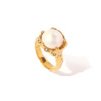 Freshwater Pearl Finger Ring 304 Stainless Steel with Freshwater Pearl Vacuum Ion Plating fashion jewelry & micro pave cubic zirconia & for woman golden 15mm Sold By PC